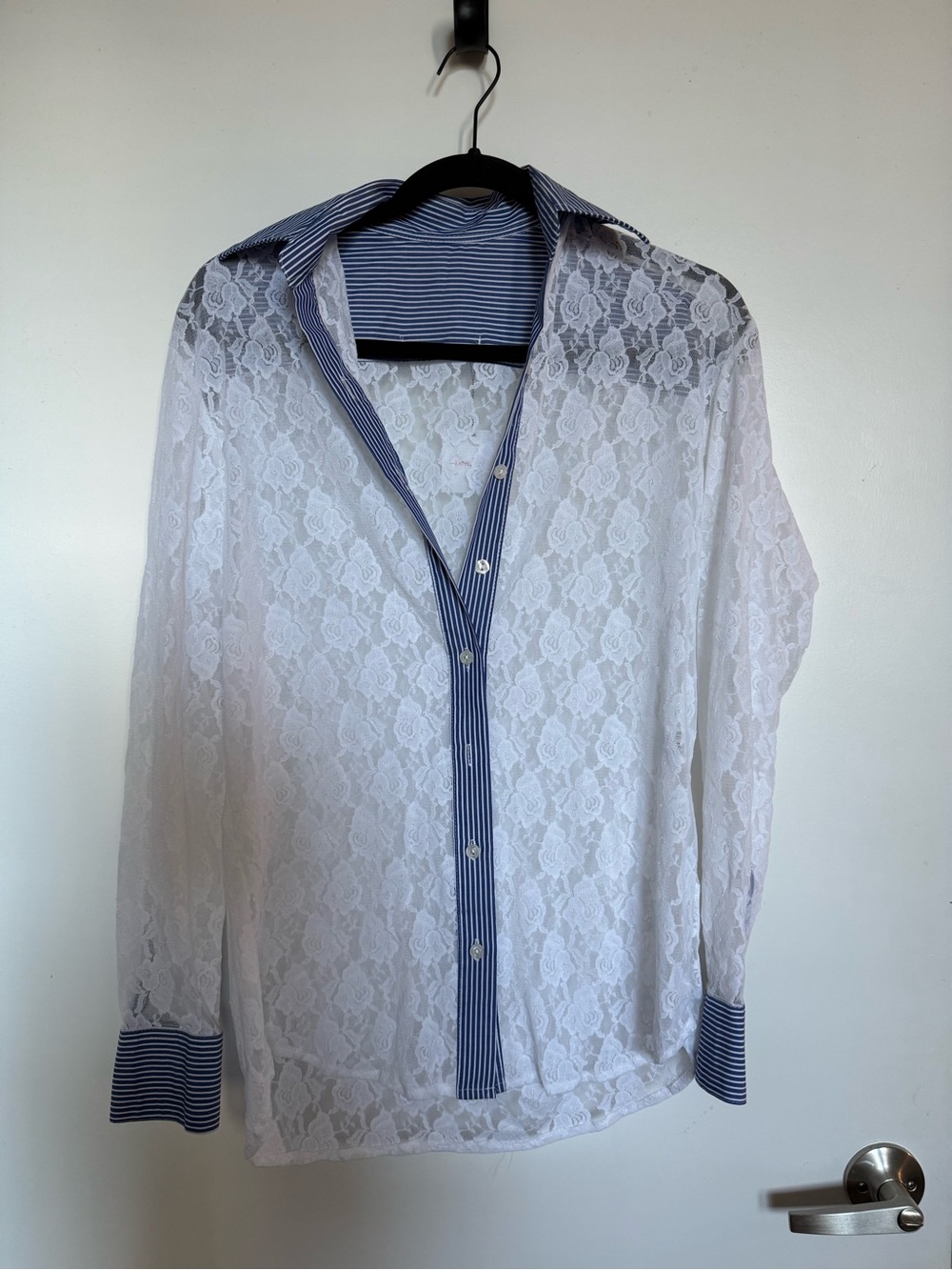 Sheer White Lace Button-Down Shirt with Navy Stripe Trim
